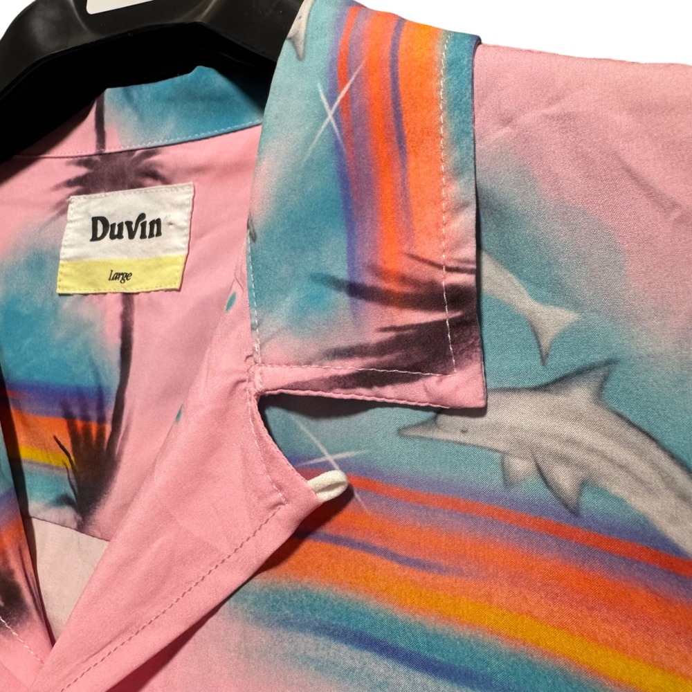 Duvin Design Mens Pink Dolphin‎ Palm Hawaiian Shirt Summer Button Up Size L Camp